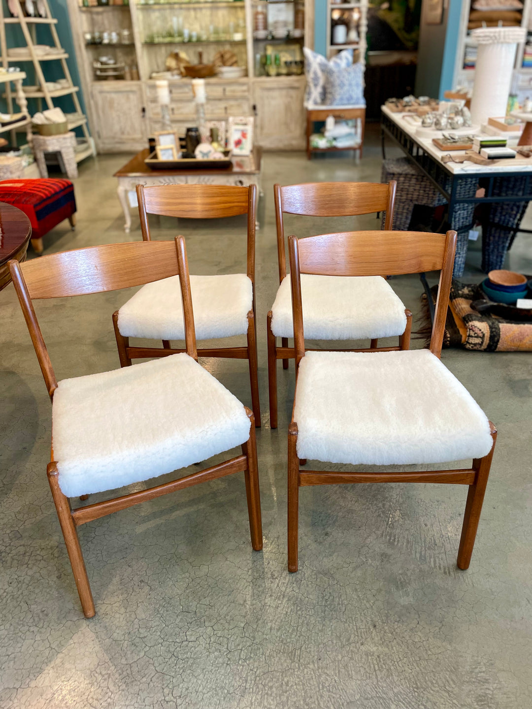 Mid-Century Teak Dining Chairs, Newly Upholstered in Shearling | Set of 4