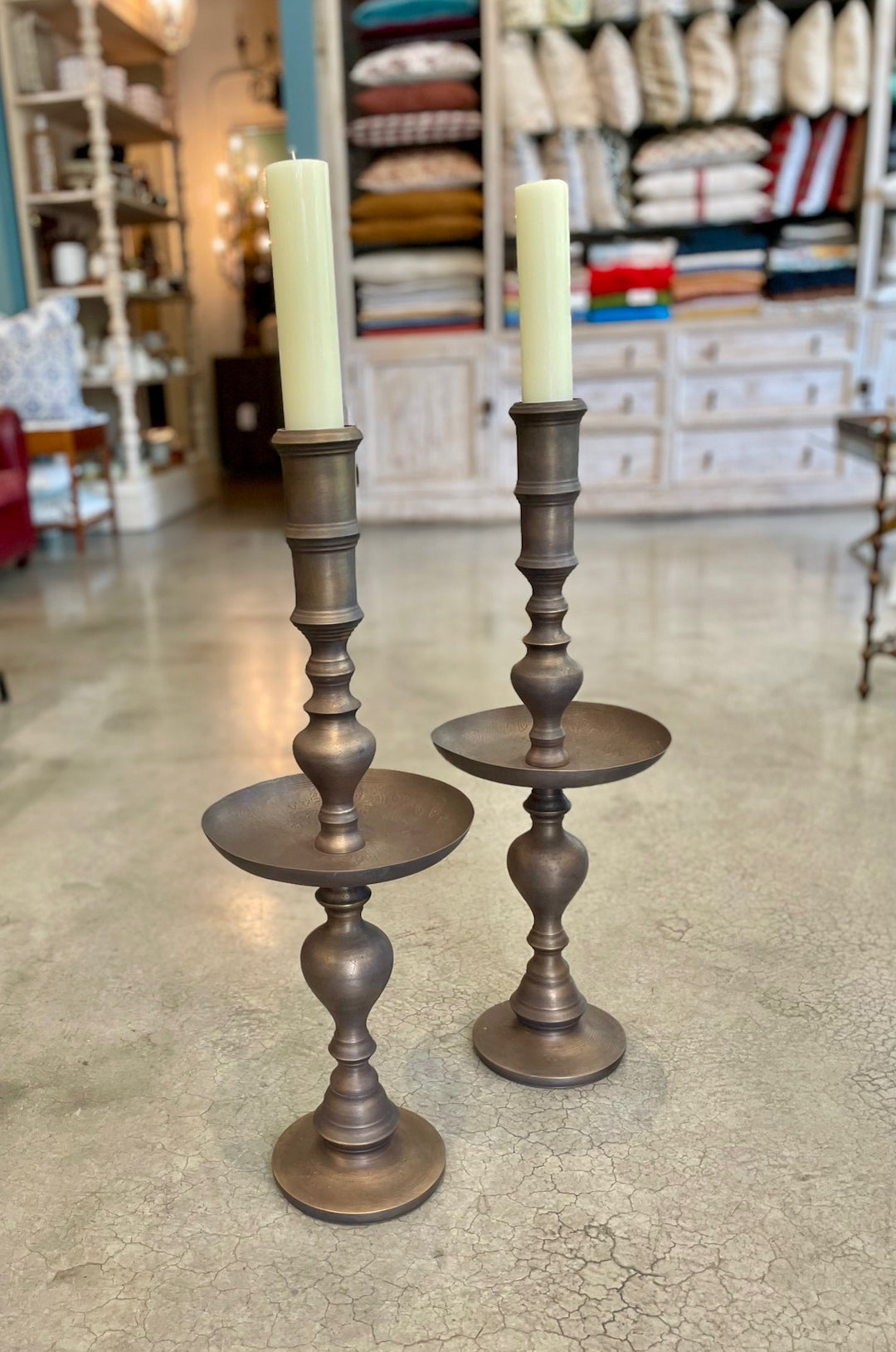 Vintage Moroccan Turned Brass Large Scale Candle Holders | Pair