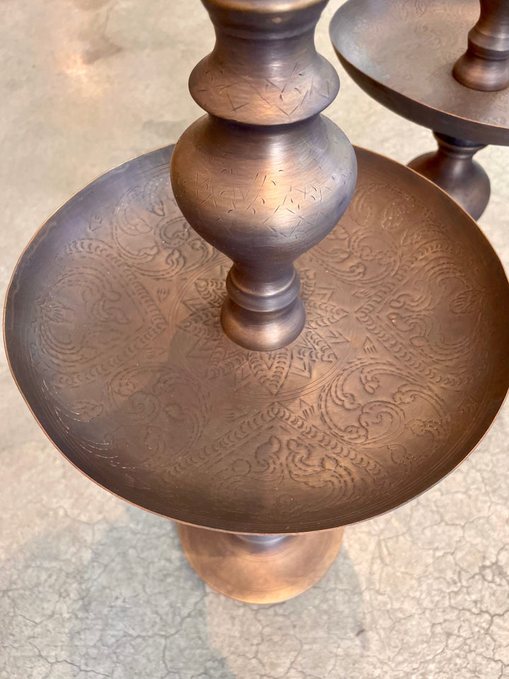 Vintage Moroccan Turned Brass Large Scale Candle Holders | Pair