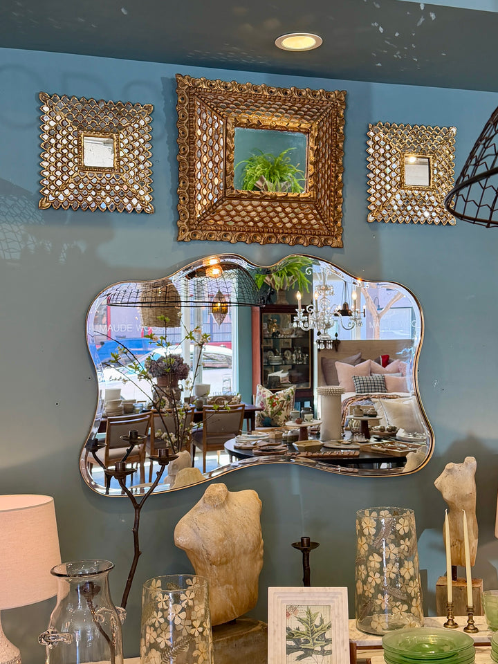 Antique French Giltwood Square Mirror w/Fish Scale Mirror Insets