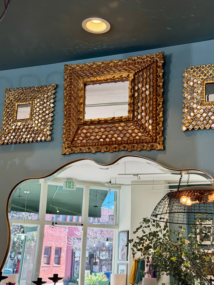 Antique French Giltwood Square Mirror w/Fish Scale Mirror Insets