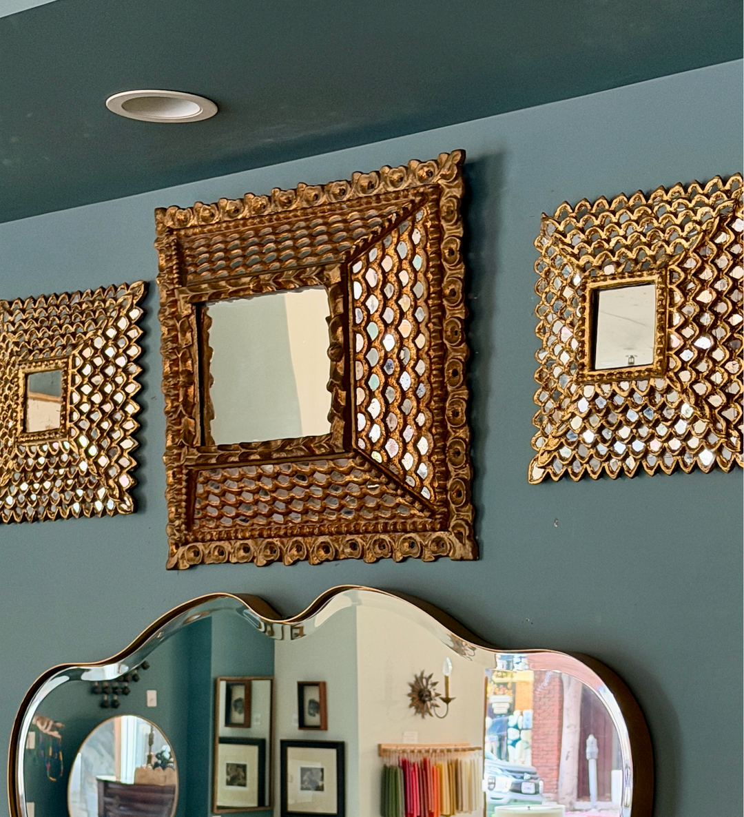 Vintage Spanish Colonial  Giltwood Square Mirror w/Fish Scale Mirror Insets