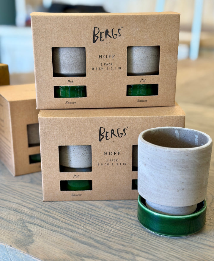 Hoff RAW Grey Pot + GLAZED Emerald Saucer, Italy  | Set of 2