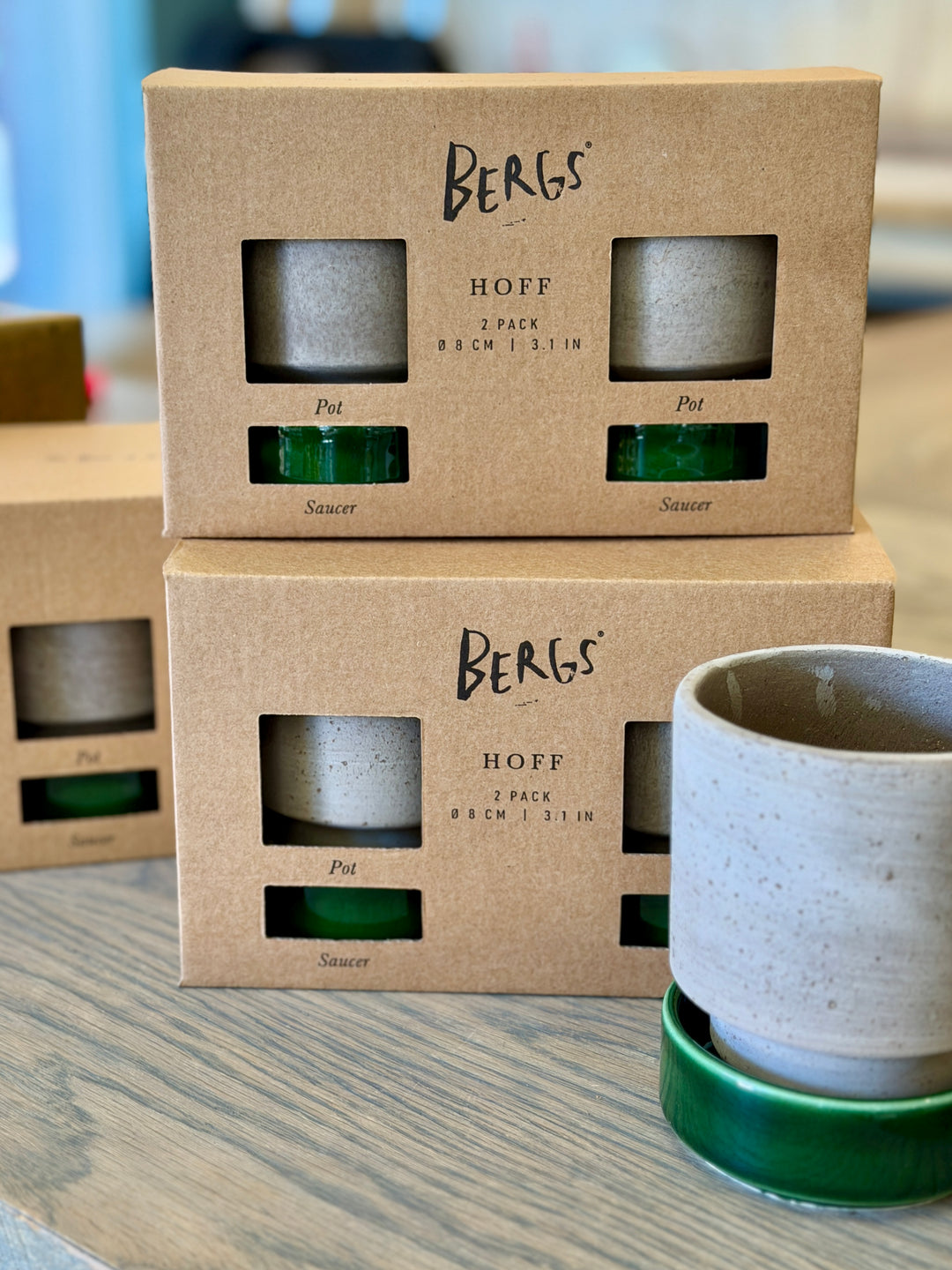 Hoff RAW Grey Pot + GLAZED Emerald Saucer, Italy  | Set of 2