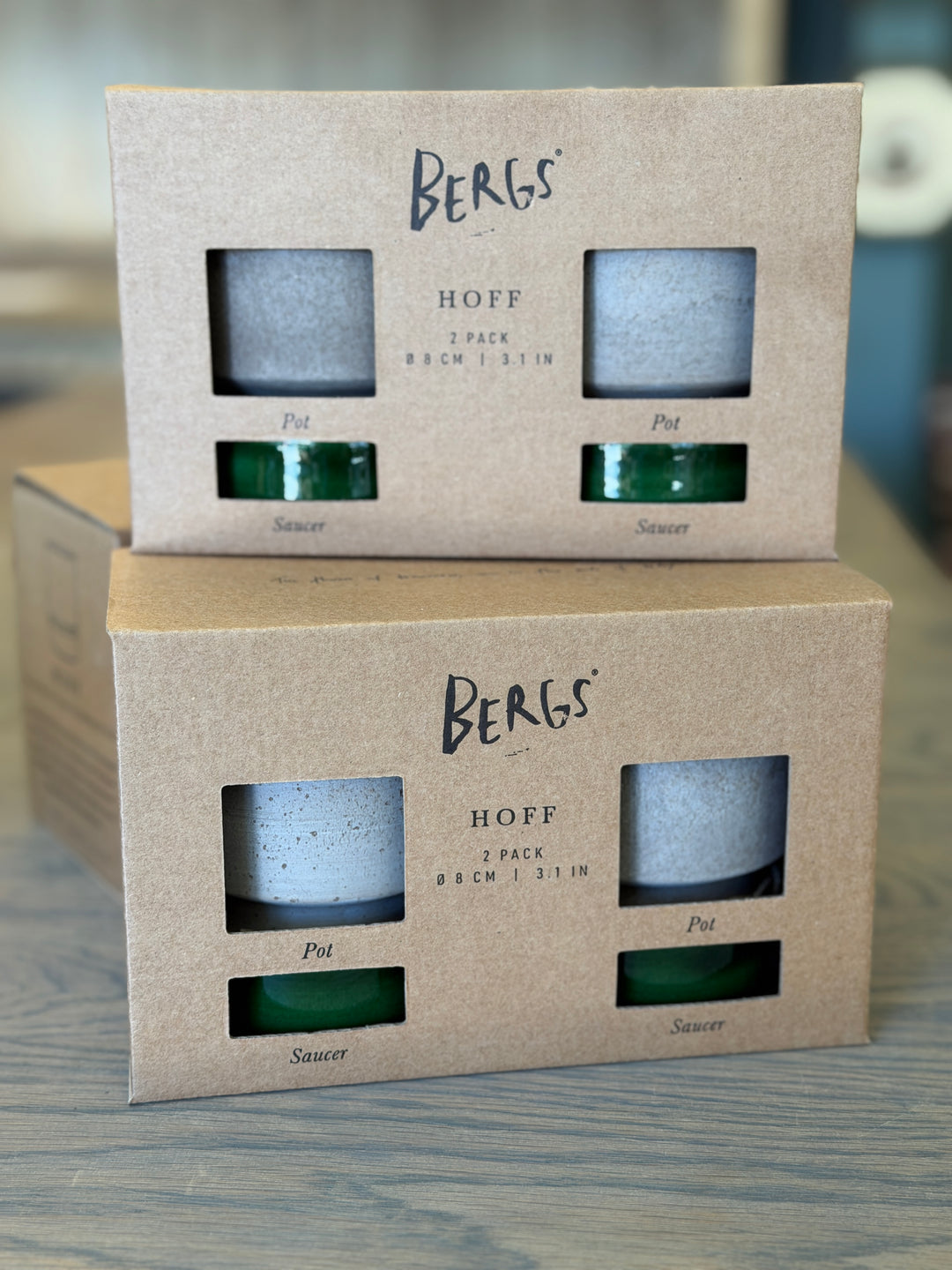 Hoff RAW Grey Pot + GLAZED Emerald Saucer, Italy  | Set of 2