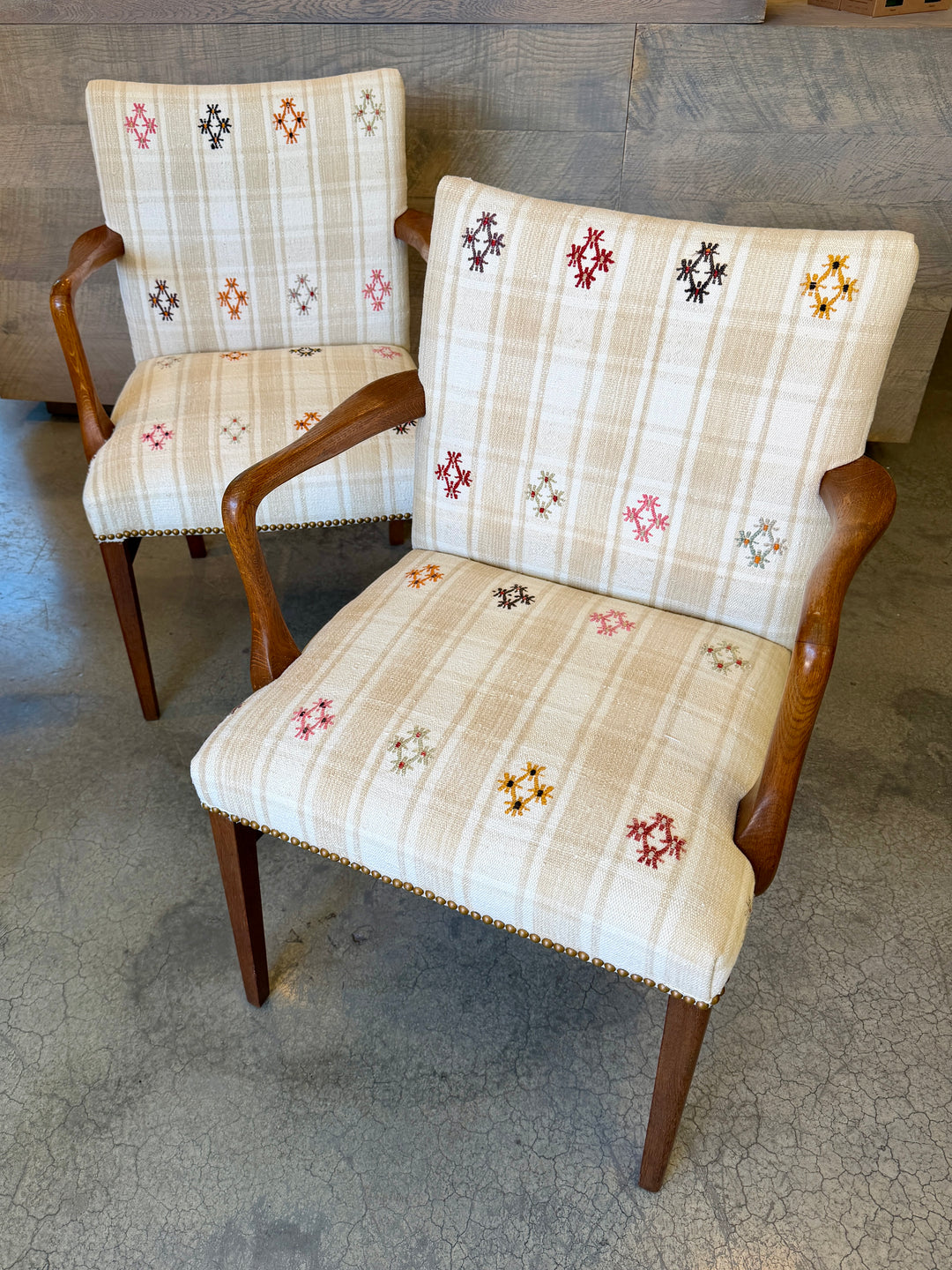 Mid-Century Danish Teak Arm Chairs, Newly Upholstered in a Vintage Turkish Rug | Pair