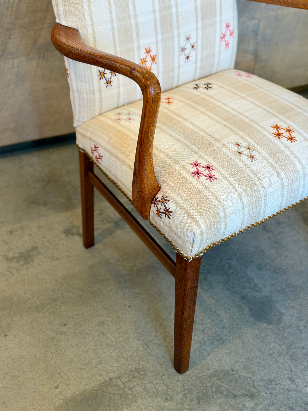 Mid-Century Danish Teak Arm Chairs, Newly Upholstered in a Vintage Turkish Rug | Pair
