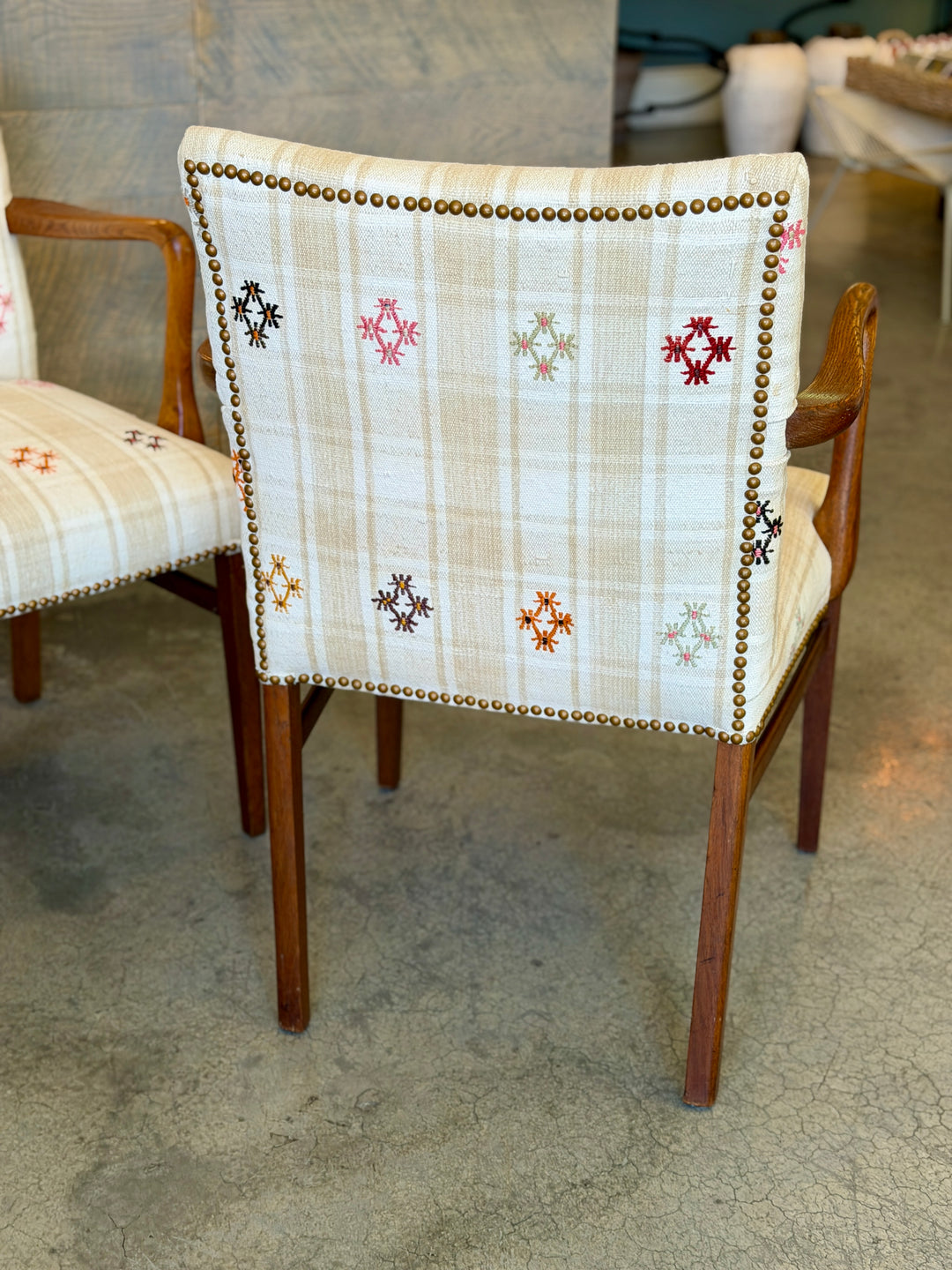 Mid-Century Danish Teak Arm Chairs, Newly Upholstered in a Vintage Turkish Rug | Pair