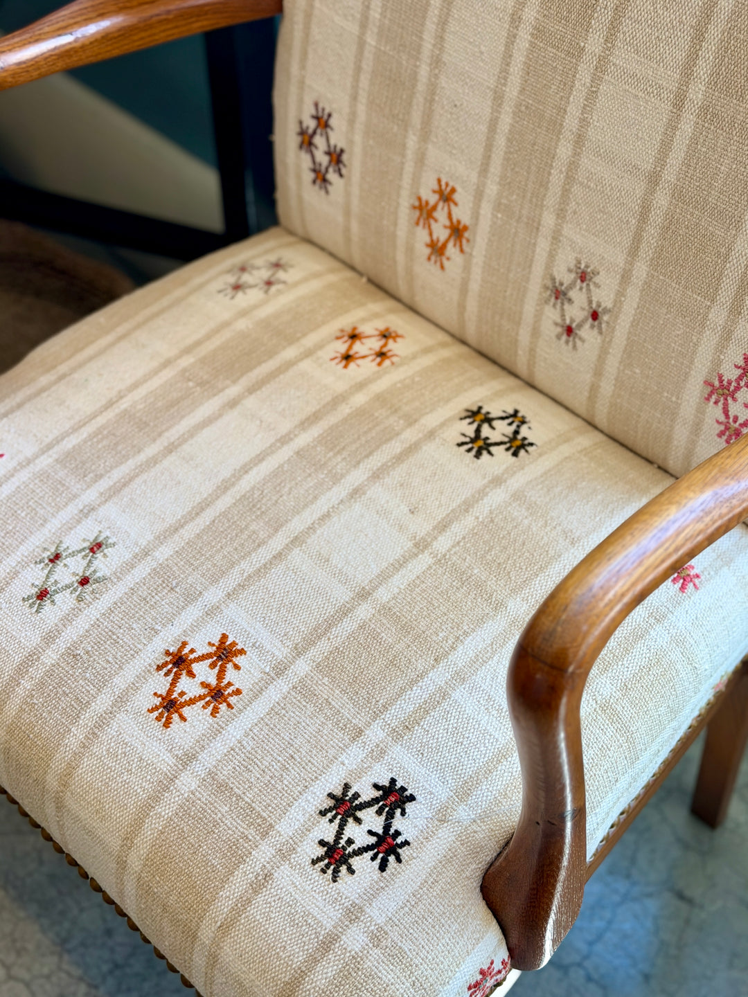 Mid-Century Danish Teak Arm Chairs, Newly Upholstered in a Vintage Turkish Rug | Pair
