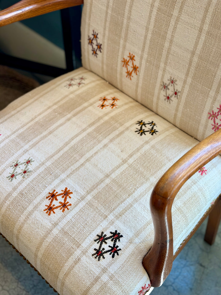 Mid-Century Danish Teak Arm Chairs, Newly Upholstered in a Vintage Turkish Rug | Pair
