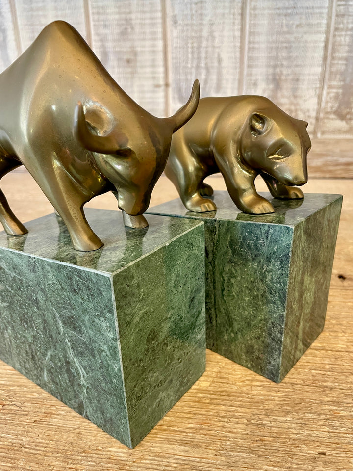 Vintage Green Marble Bookends with Solid Brass Wall Street Bear + Bull
