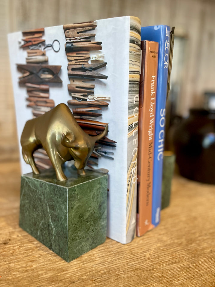 Vintage Green Marble Bookends with Solid Brass Wall Street Bear + Bull
