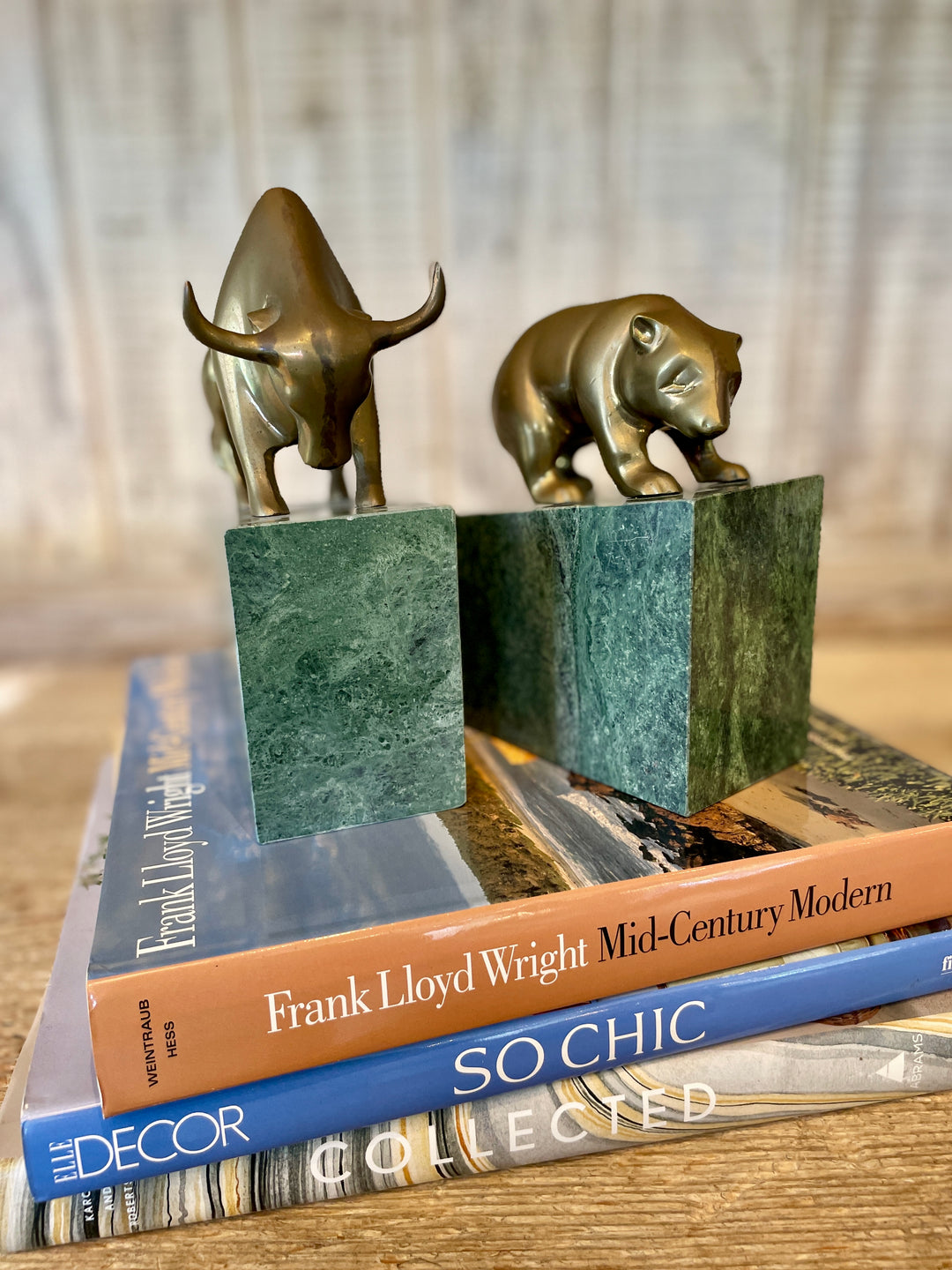 Vintage Green Marble Bookends with Solid Brass Wall Street Bear + Bull