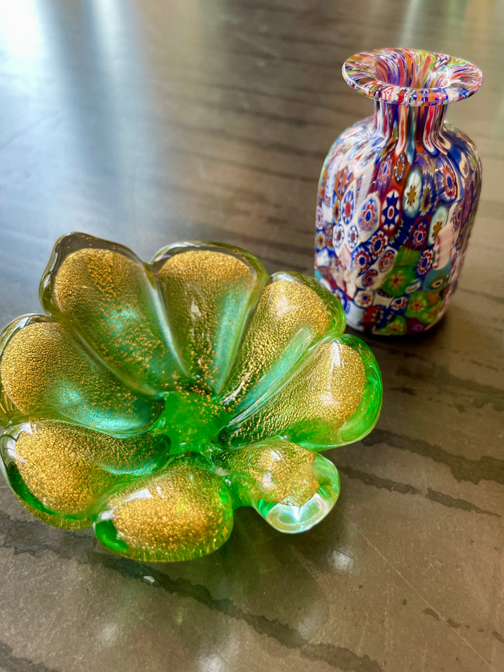 Vintage Mini Green + Gold Murano Glass Clover Dish