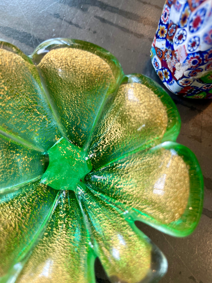 Vintage Mini Green + Gold Murano Glass Clover Dish