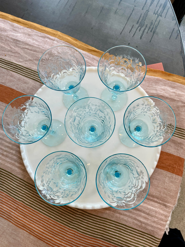 Vintage Morgantown Christina Aqua Etched Wine Glasses | Set of 7