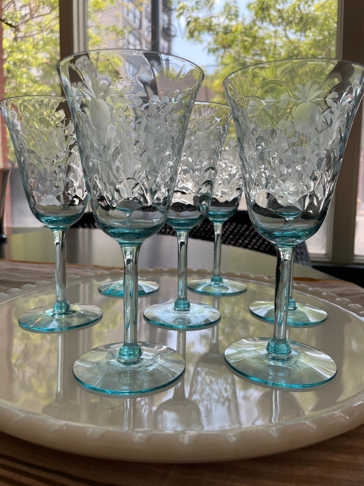 Vintage Morgantown Christina Aqua Etched Wine Glasses | Set of 7