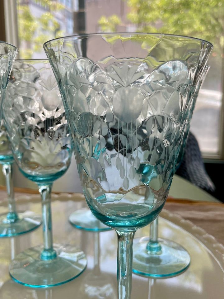 Vintage Morgantown Christina Aqua Etched Wine Glasses | Set of 7