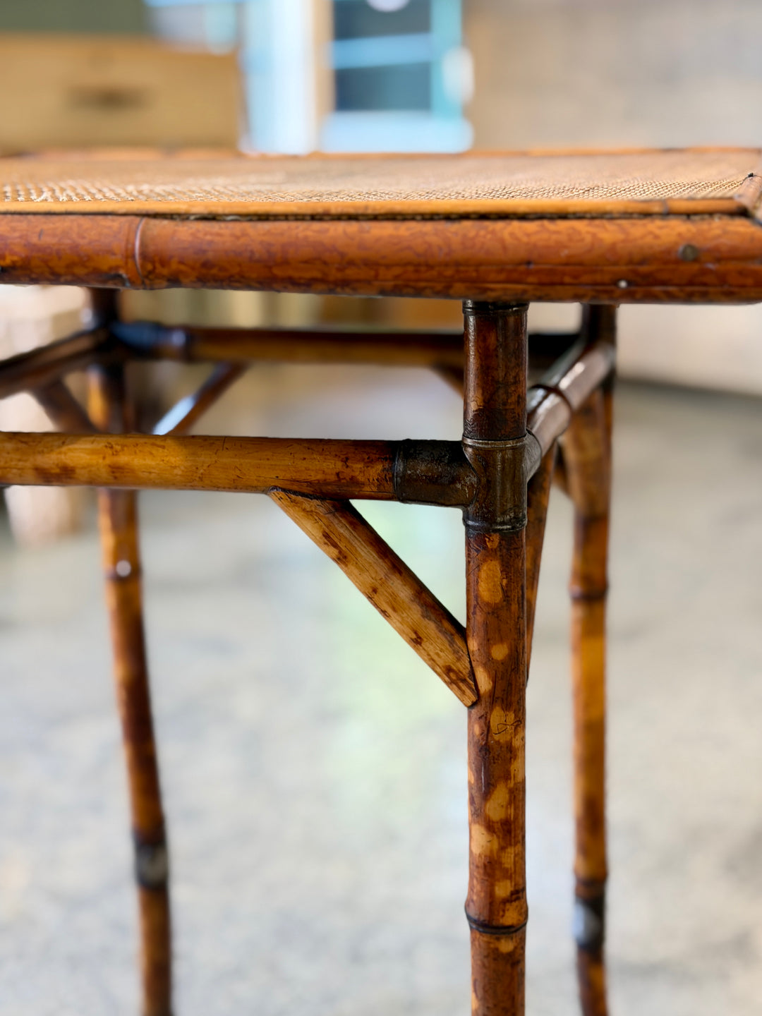 Antique Chinoiserie Tortoiseshell Bamboo + Grass Cloth Side Table