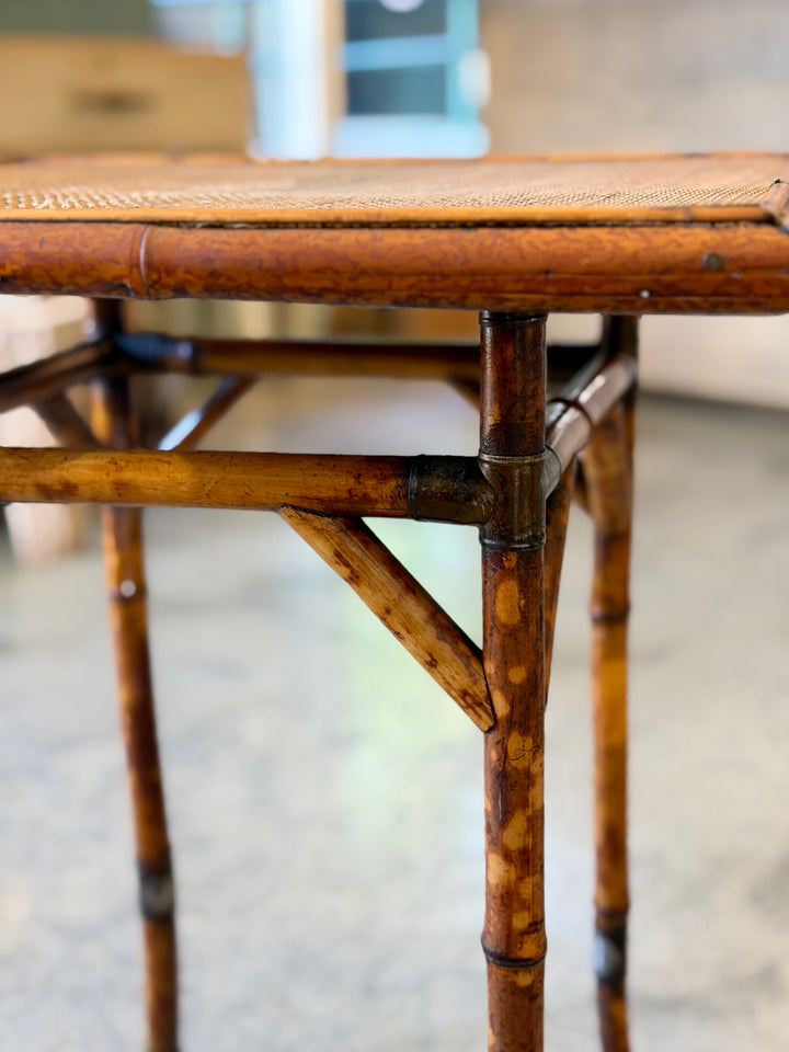 Antique Chinoiserie Tortoiseshell Bamboo + Grass Cloth Side Table