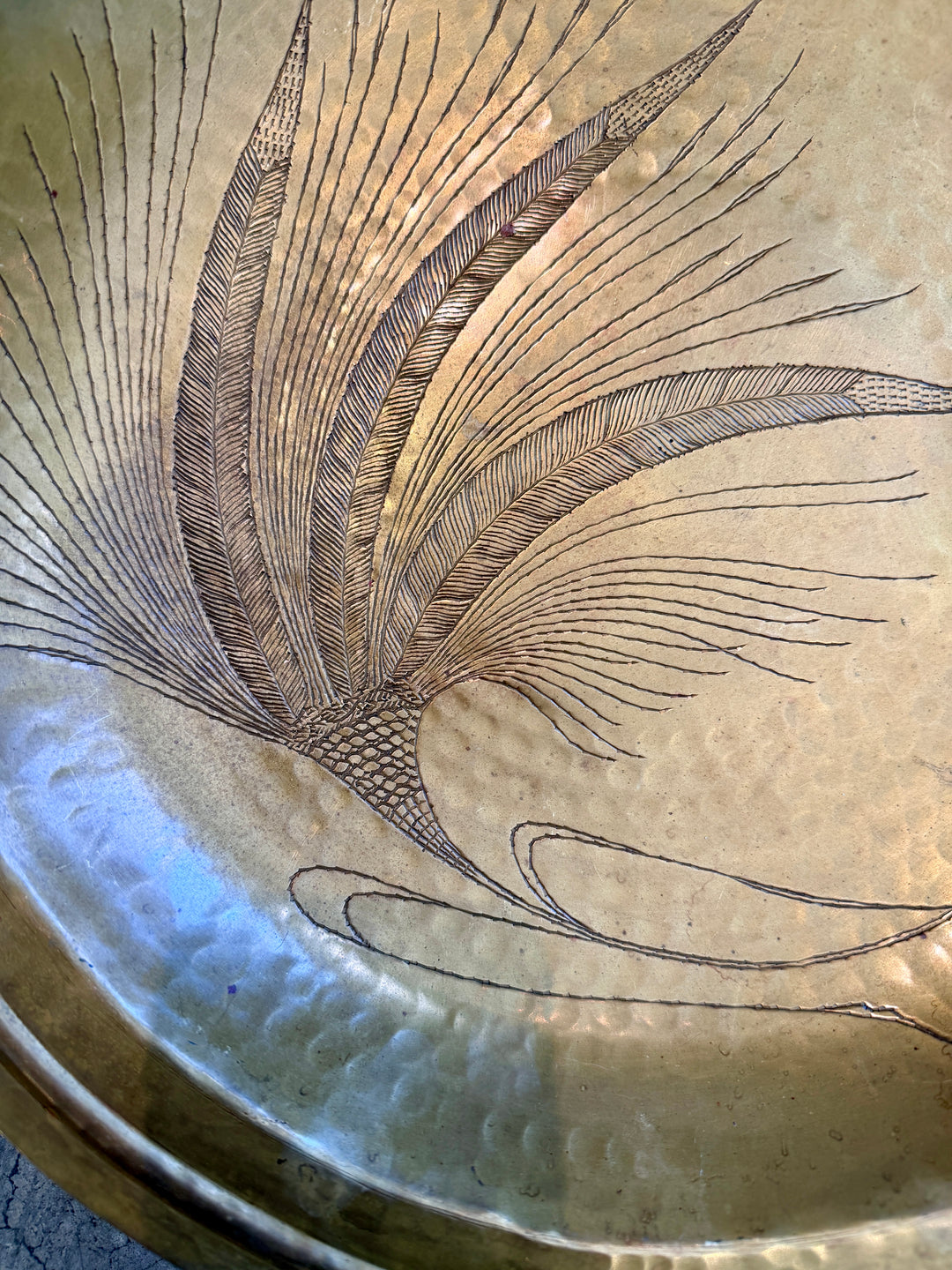 Vintage Hand Hammered + Etched Brass Dish, Signed by Artist