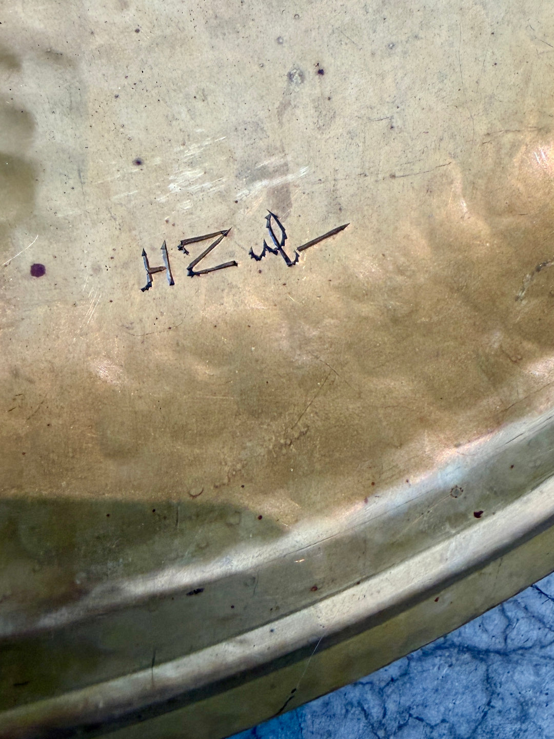 Vintage Hand Hammered + Etched Brass Dish, Signed by Artist