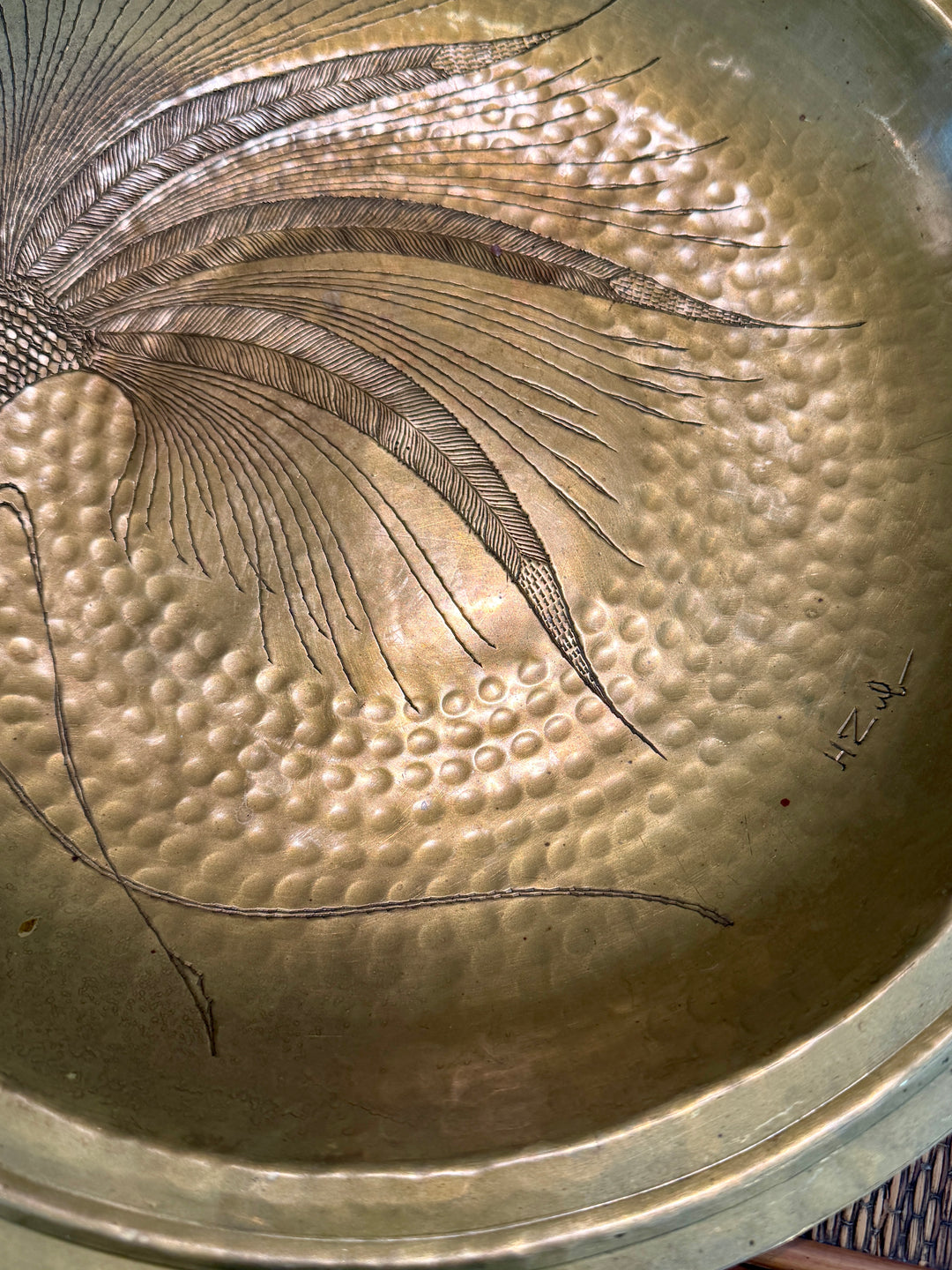 Vintage Hand Hammered + Etched Brass Dish, Signed by Artist