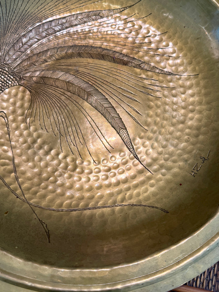 Vintage Hand Hammered + Etched Brass Dish, Signed by Artist
