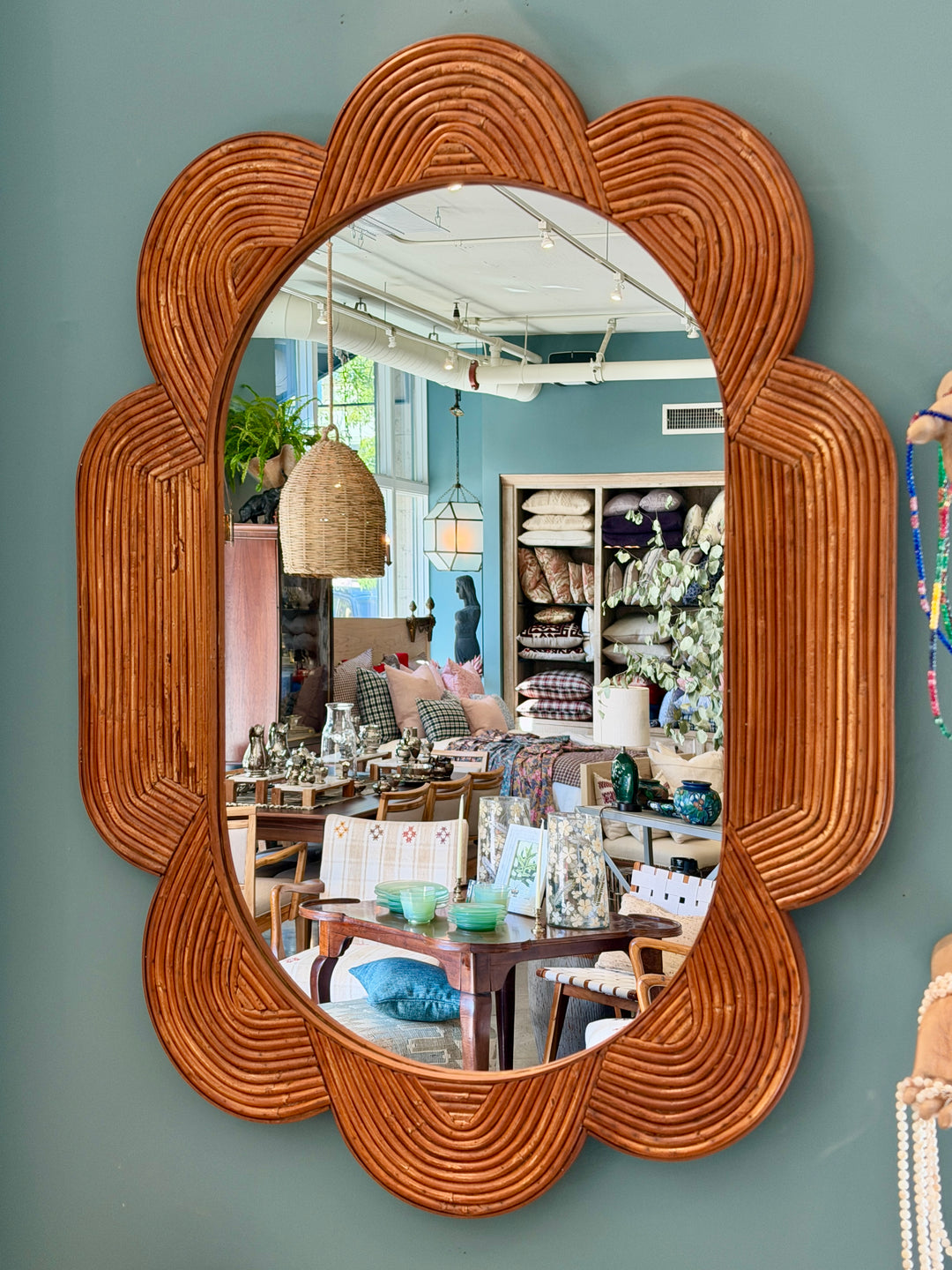 Scalloped Brown Bamboo Handwoven Oval Wall Mirror