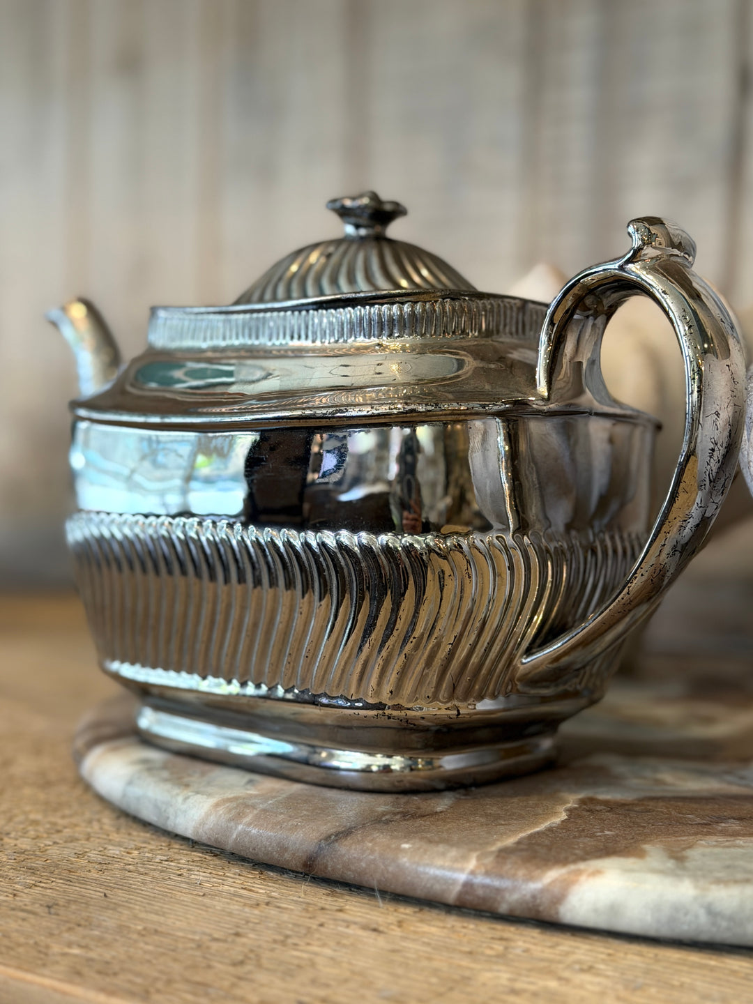 Antique English Lustreware Pottery Tea Pot w/Ridge Design