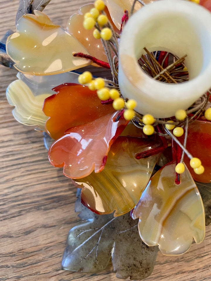 Vintage Carved Jade + Agate Flower Candle Holders w/ Wood Stems | Pair
