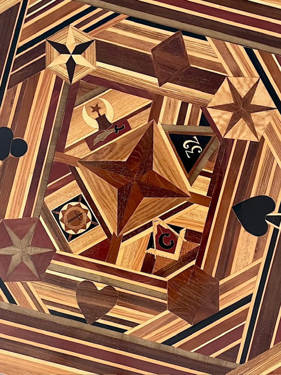 Vintage Handcrafted Marquetry Folk Art Coffee / Game Table