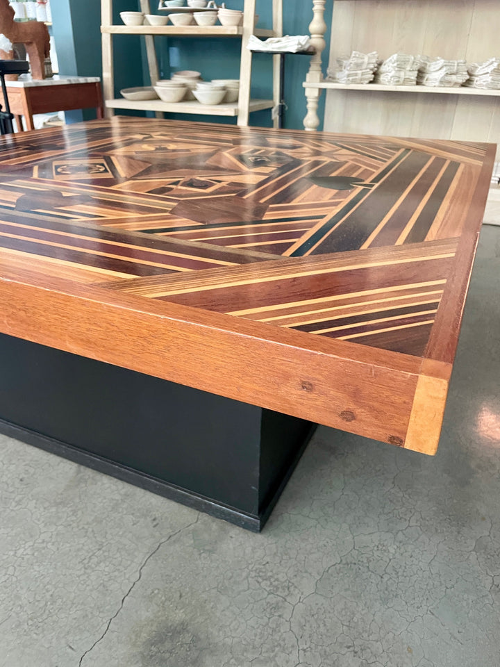 Vintage Handcrafted Marquetry Folk Art Coffee / Game Table