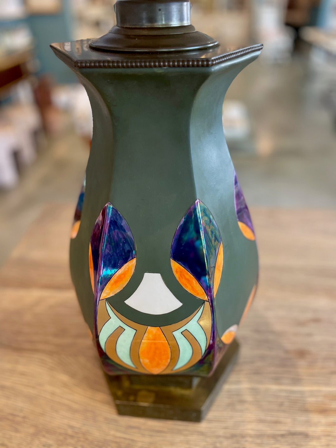 Art Nouveau Hexagonal Metal Lamp w/ Iridescent Enamel Motif Surround