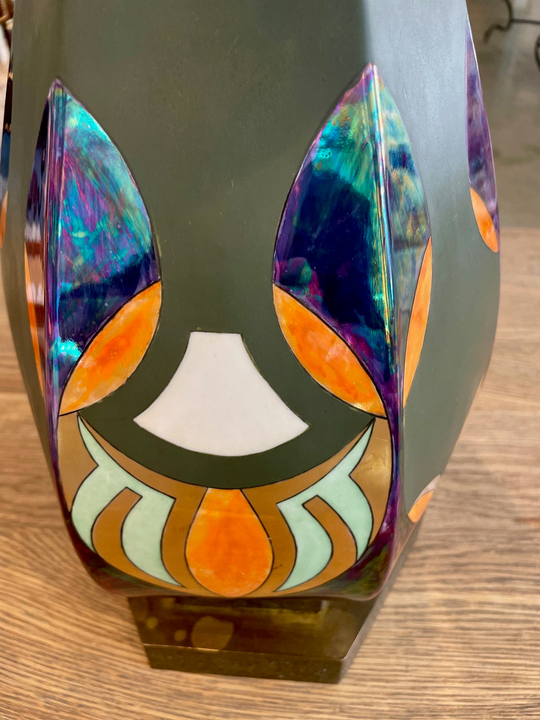 Art Nouveau Hexagonal Metal Lamp w/ Iridescent Enamel Motif Surround