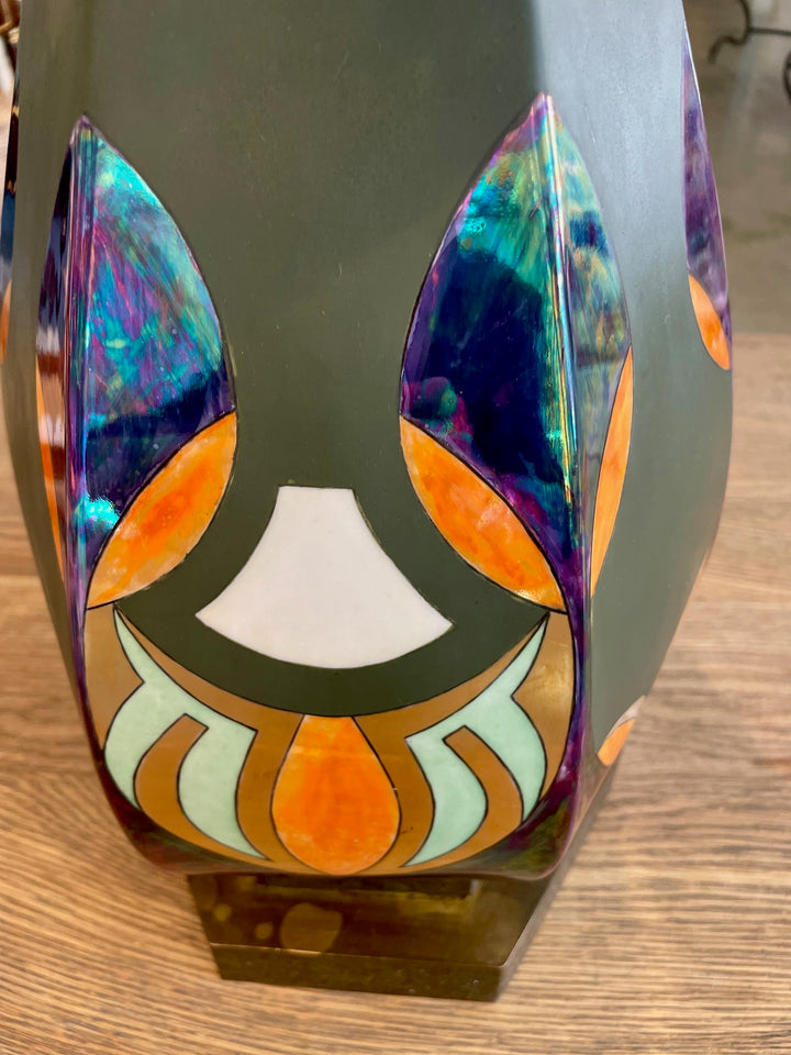 Art Nouveau Hexagonal Metal Lamp w/ Iridescent Enamel Motif Surround