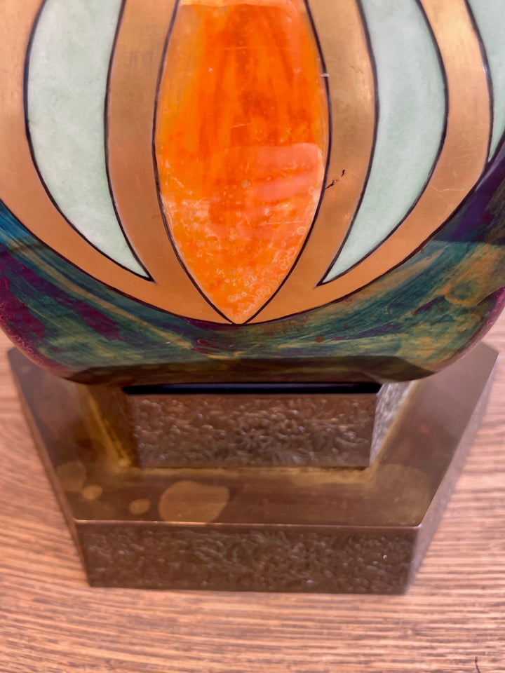 Art Nouveau Hexagonal Metal Lamp w/ Iridescent Enamel Motif Surround