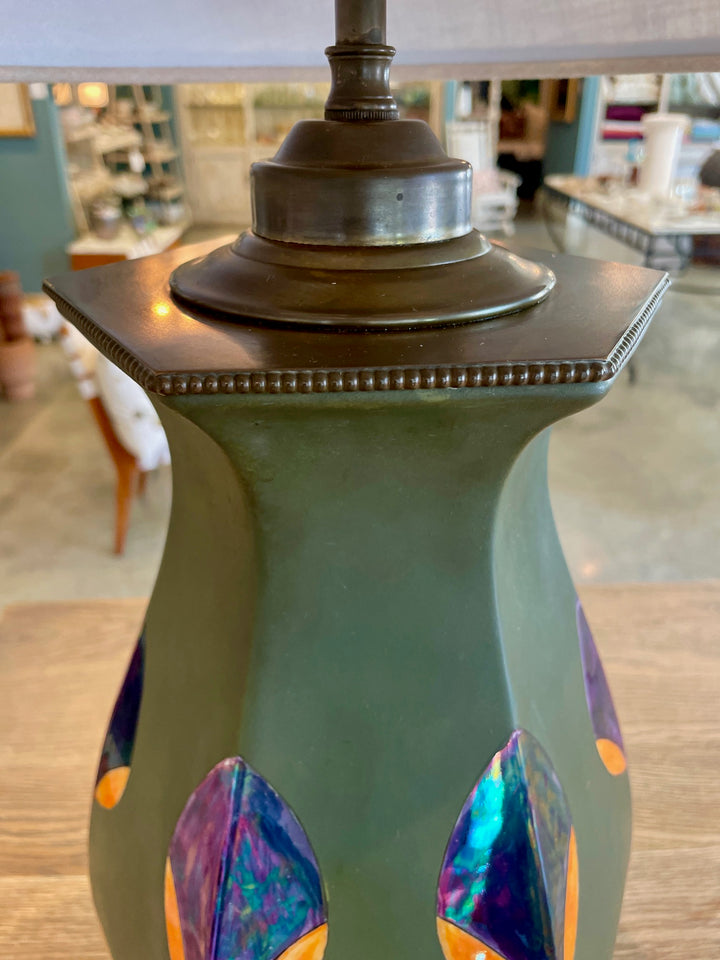 Art Nouveau Hexagonal Metal Lamp w/ Iridescent Enamel Motif Surround