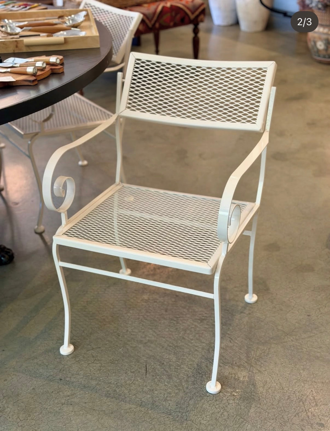 Vintage Iron Outdoor Dining Chairs w/ Metal Mesh Seats + Backs | Set of 8