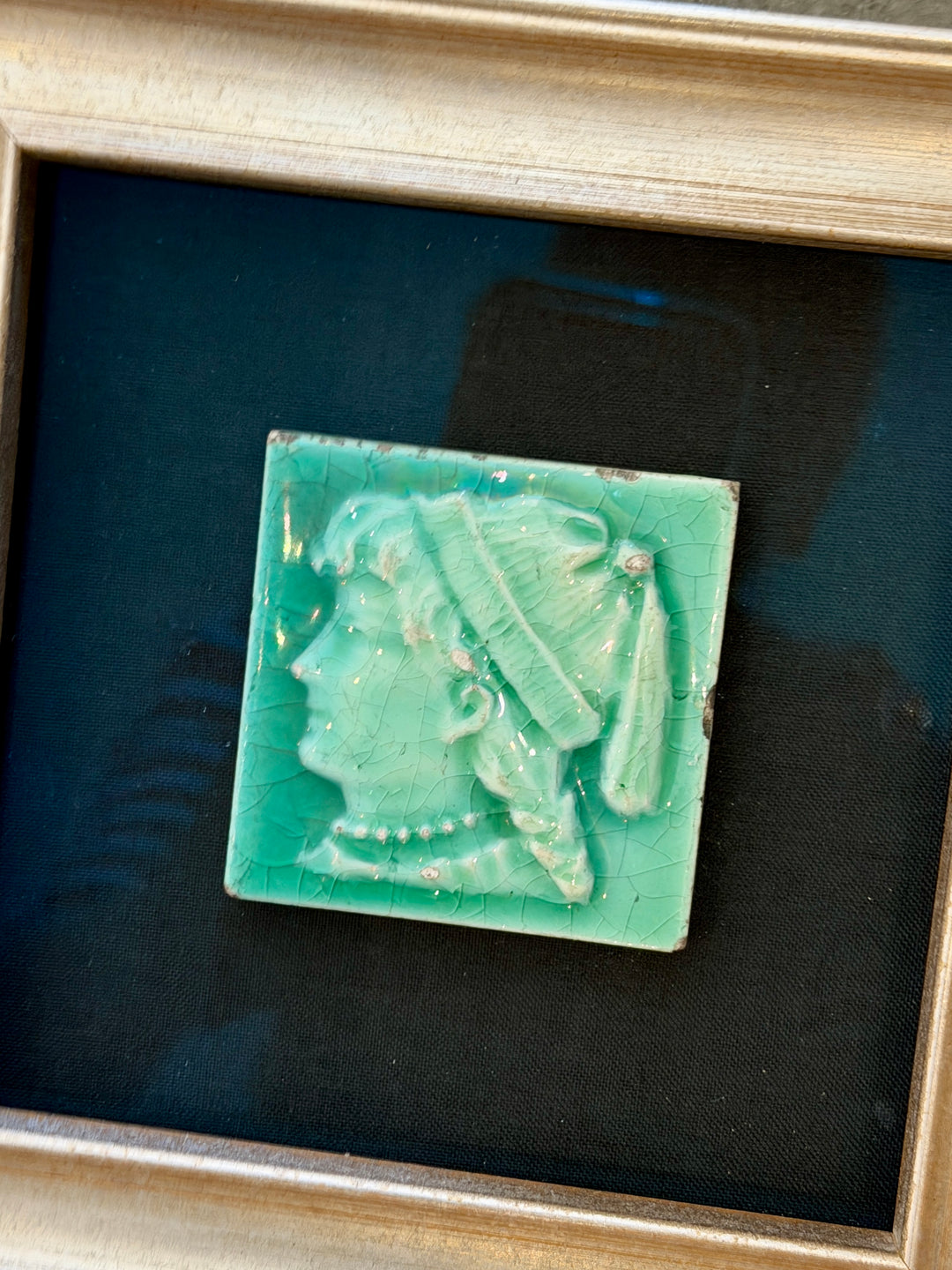Antique Portrait Tiles in New Silver Leaf  Box Frame | Pair
