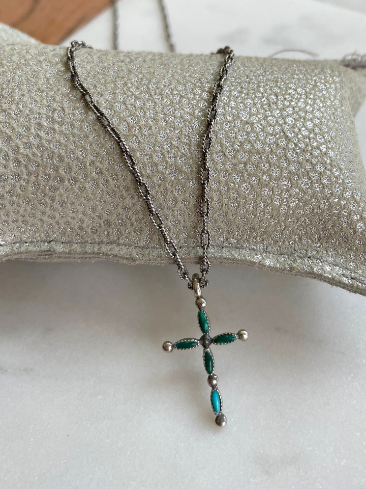 Vintage Small Sterling Silver + Turquoise Cross Necklace on New 16" Sterling Chain