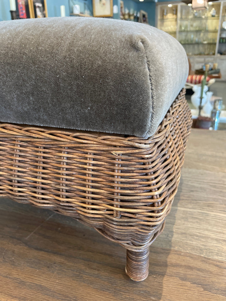 Vintage Natural Wicker Footstool Newly Upholstered in  Mink Mohair