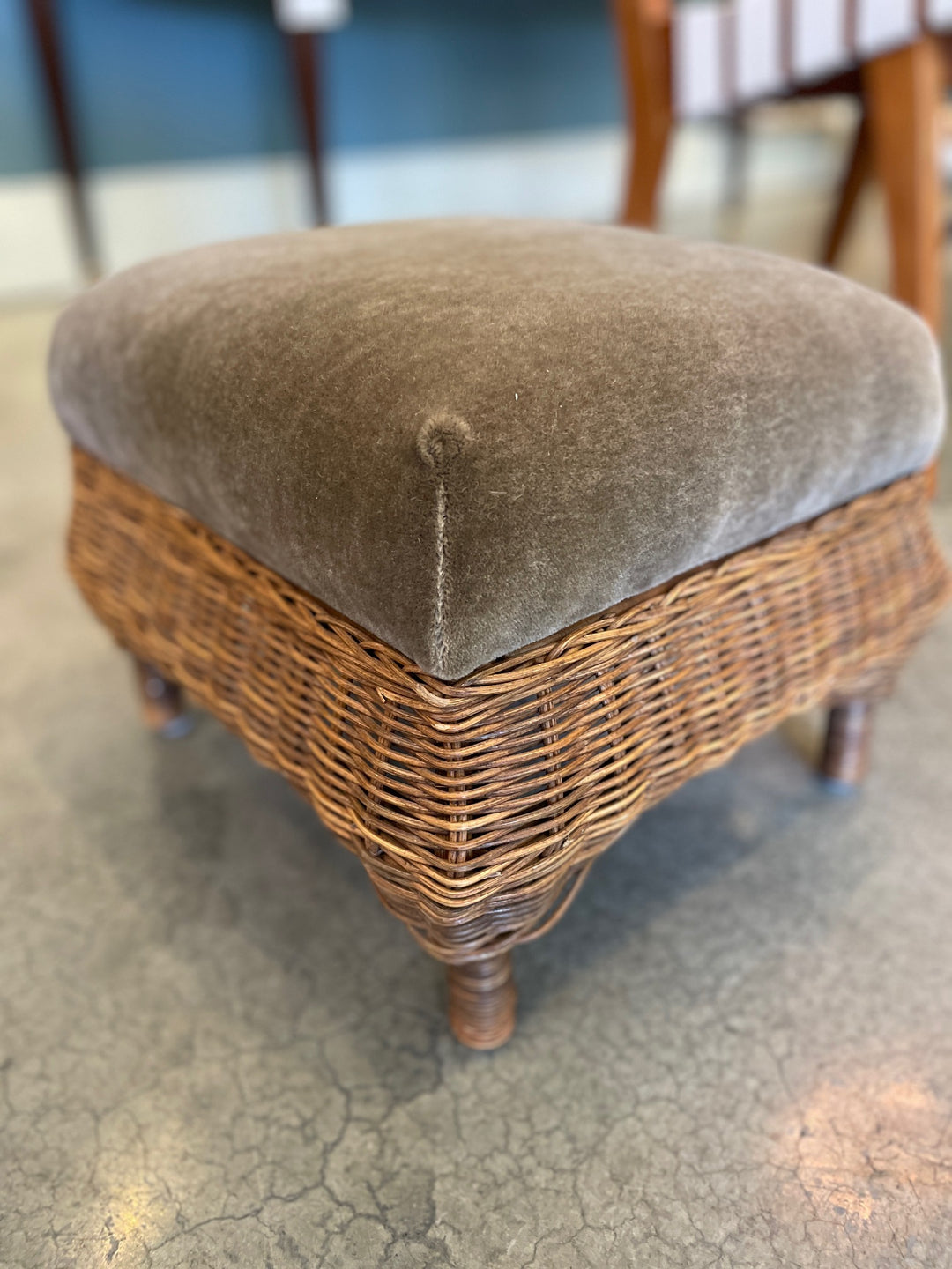 Vintage Natural Wicker Footstool Newly Upholstered in  Mink Mohair