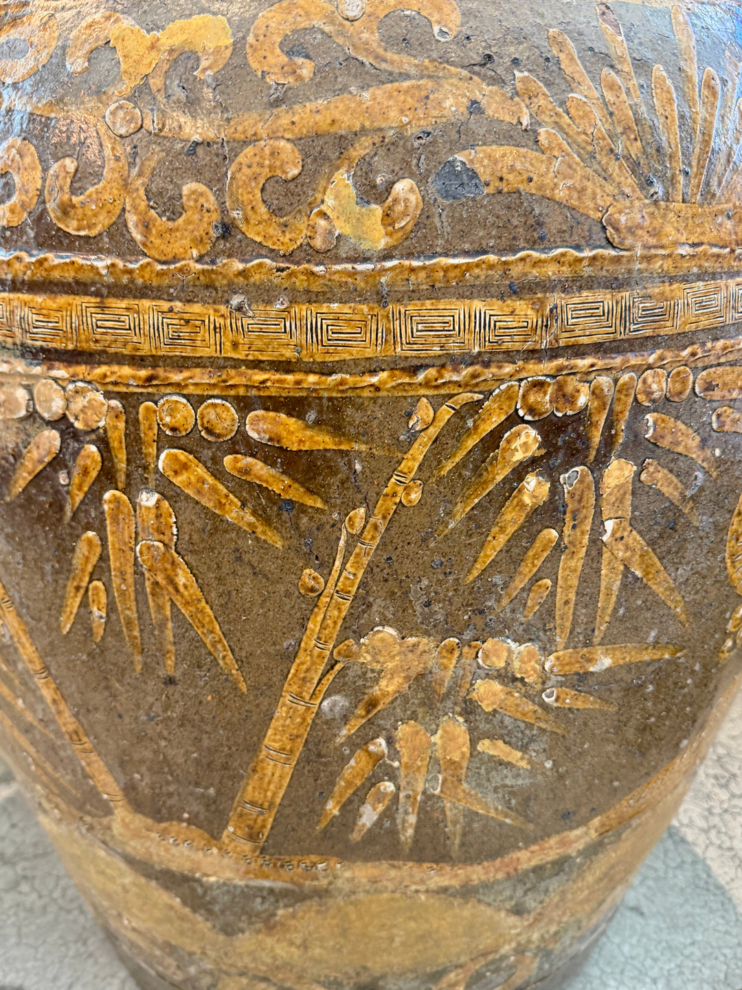 Large Antique Chinese Stoneware  Pickling Jar w/ Bird + Bamboo Motif