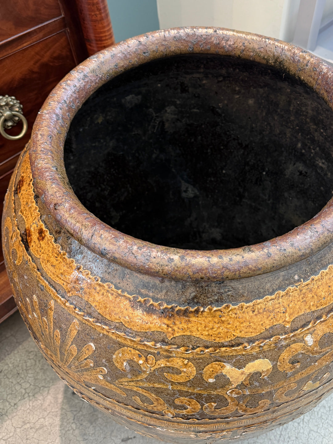 Large Antique Chinese Stoneware  Pickling Jar w/ Bird + Bamboo Motif