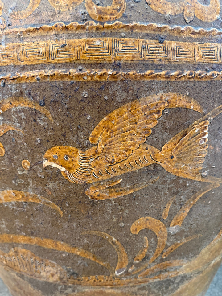 Large Antique Chinese Stoneware  Pickling Jar w/ Bird + Bamboo Motif