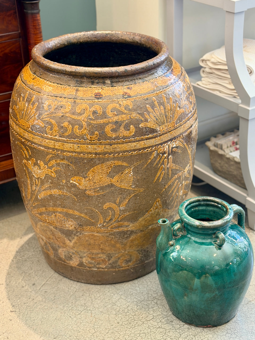 Large Antique Chinese Stoneware  Pickling Jar w/ Bird + Bamboo Motif