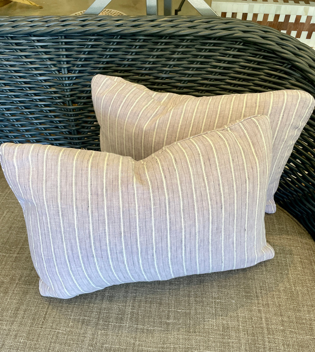 Custom 12" x 18" Pillow made from Vintage Lavender, Cream + Black Stripe Linen