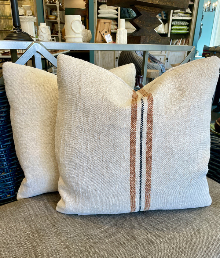 Custom 18" x 18" Pillow made from Vintage Linen Grain Sack w/Umber + Black Stripe