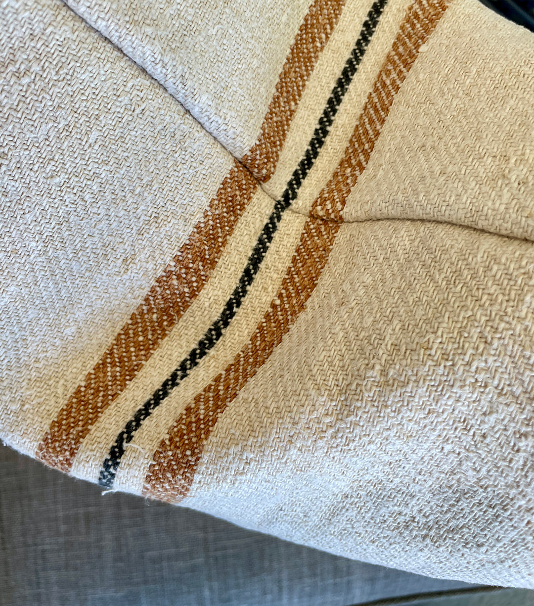 Custom 18" x 18" Pillow made from Vintage Linen Grain Sack w/Umber + Black Stripe